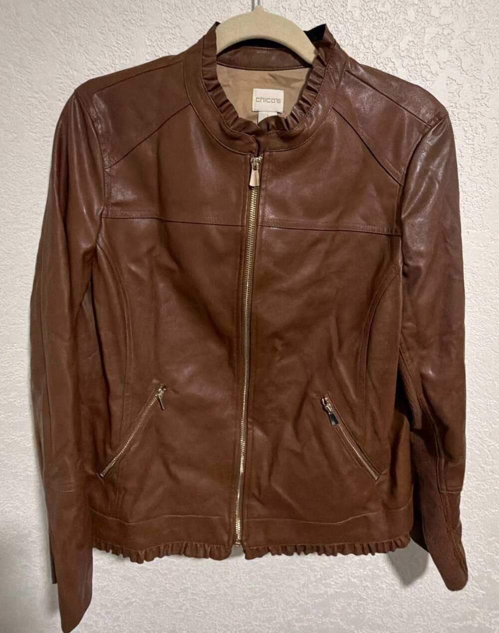 Chico's Ruffle Trim Faux Leather Jacket Size 1 Macchiato Brown